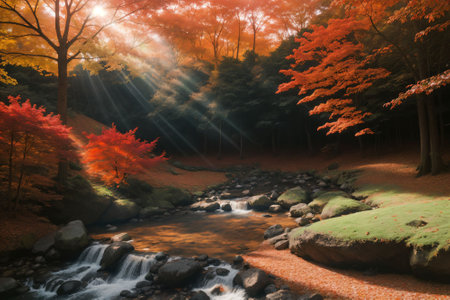 Sunrays pierce through the crimson and orange foliageの素材