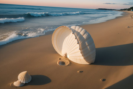 A seashell on a beach at sunriseの素材
