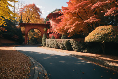 Vibrant orange and red leaves covering a parkの素材
