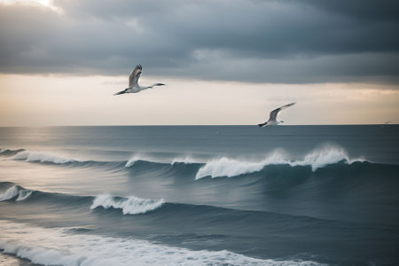 Seagulls flying over a stormy seaの素材