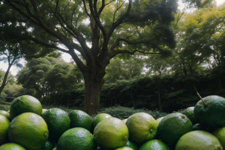 Fresh green limes hanging from a treeの素材