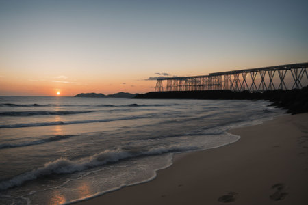 Sunset over an untouched sandy beachの素材