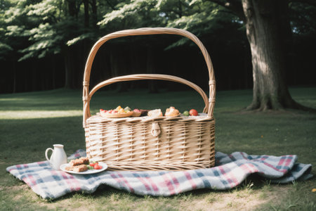 Detail of an empty picnic basket on a meadowの素材