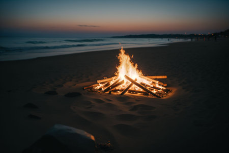 Close-up of a bonfire on a beach at nightの素材