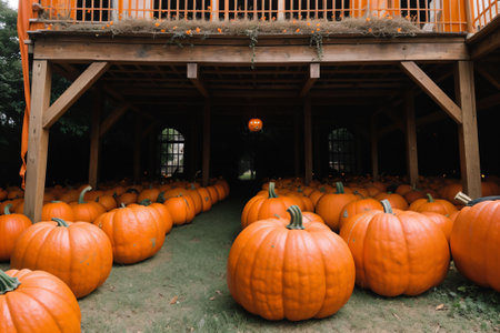 Vibrant orange pumpkins scattered across a patchの素材