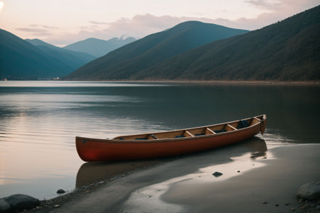 A canoe resting on a serene lakeshoreの素材