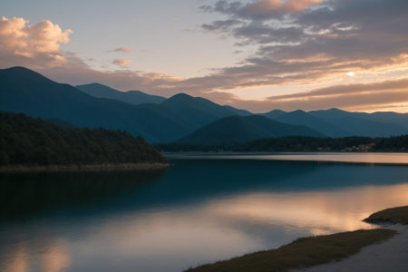 Sunset reflecting off a serene mountain lakeの素材
