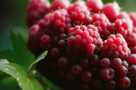 Close-up of a dew-kissed raspberryの素材