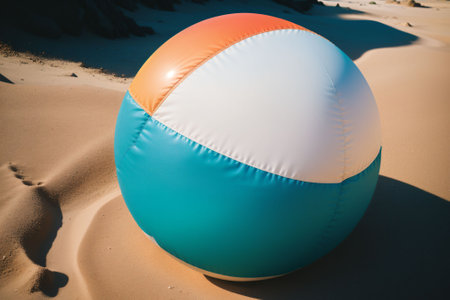 Detail of a vibrant beach ball on sandの素材
