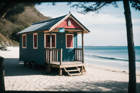 A lonely beach hut on a sandy shoreの素材