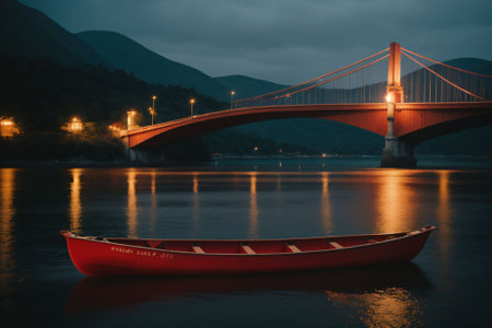 A bright red canoe on a placid lakeの素材