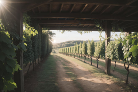 Detail of a sunlit vineyard in the countrysideの素材