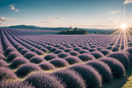 A sunlit lavender field under the clear skyの素材
