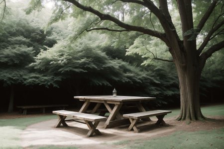 A rustic picnic table set under a treeの素材