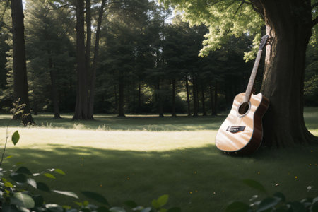 A guitar resting against a tree in a meadowの素材