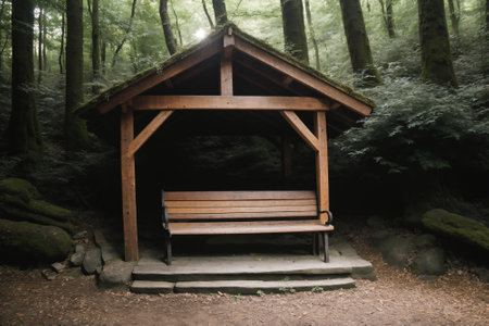 Detail of a rustic wooden bench in a forestの素材