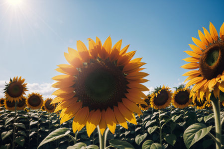 A sunflower bowing under the summer sunの素材