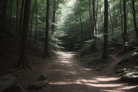 An empty hiking trail leading into the woodsの素材