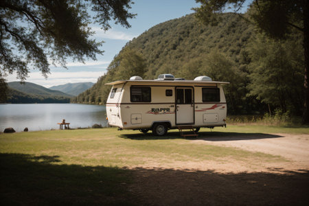A vintage camper parked by a serene lakeの素材