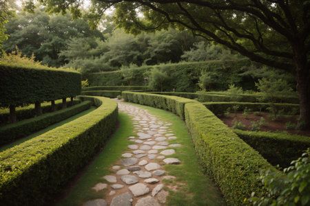 Detail of a stone footpath through a lush gardenの素材