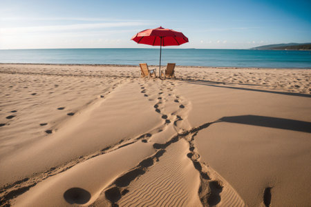 Close-up of a beach umbrella casting a shadow on sandの素材