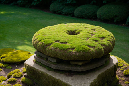 Detail of a moss-covered stone in a gardenの素材