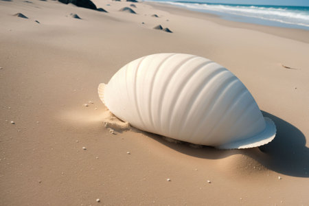 Close-up of a seashell on white beach sandの素材