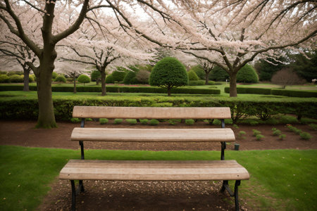 Detail of a garden bench under a cherry treeの素材