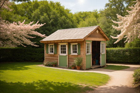 Detail of a rustic garden shed among flowering treesの素材