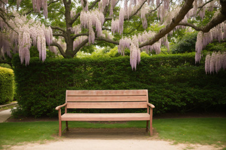Detail of a wooden garden bench under blooming wisteriaの素材