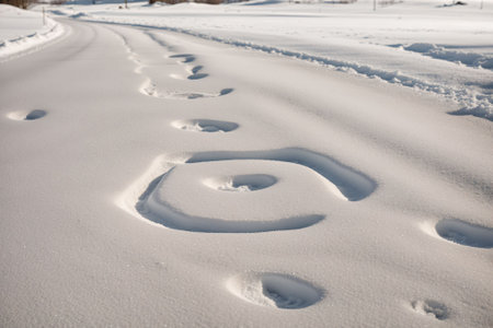 A squirrel footprint on a snowy groundの素材