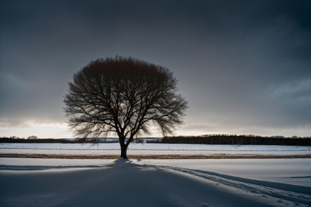 A bare tree silhouetted against a snowy skyの素材