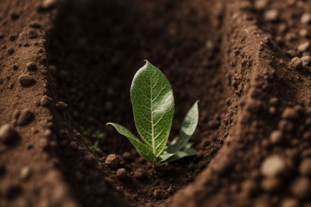 Close-up of a fresh sprout emerging from the groundの素材