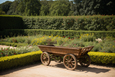 Detail of a rustic wheelbarrow in a flower gardenの素材