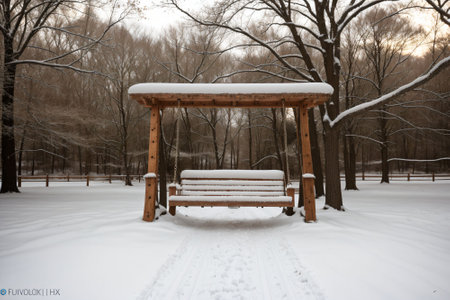 A snow-covered wooden swing hanging from a treeの素材