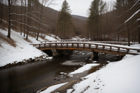 A snow-covered wooden bridge over a frozen streamの素材