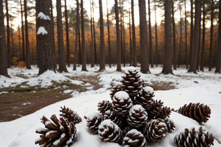Snow-capped pine cones in a forestの素材