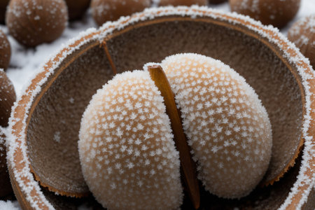 Close-up of a frost-covered acornの素材