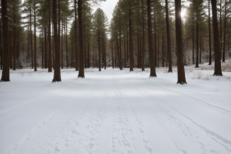 A snow-covered footpath leading into a forestの素材