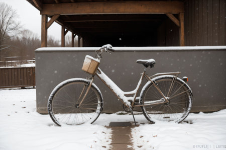 Snow on a forgotten bicycle in a yardの素材