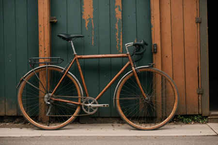 Detail of a rusty old bicycle leaning on a fenceの素材