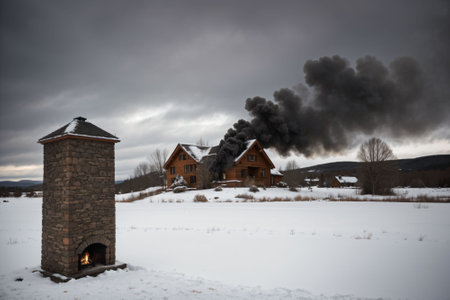 A smoke coming out from a chimney in the snowの素材