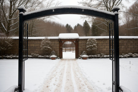 Detail of a snow-covered iron gate in a gardenの素材
