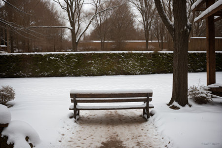 Snow on the back of a garden benchの素材