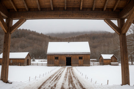Snow dusting on a rustic barn roofの素材