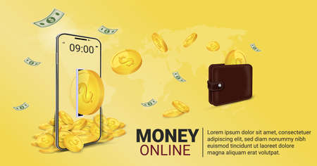 Money online on mobile phone, wallet, and credit card online Online spending Concept of cryptocurrency technology. Online shopping spending And digital moneyのイラスト素材