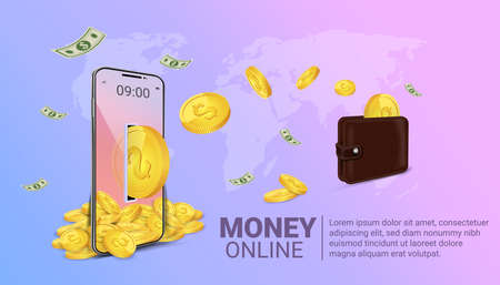 Money online on mobile phone, wallet, and credit card online Online spending Concept of cryptocurrency technology. Online shopping spending And digital moneyのイラスト素材