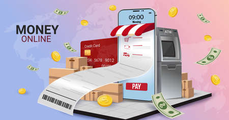 Money online on mobile phone, Capital flow, earning or making money. Financial savings.Money online.
Wallet online. Pay online. Financial business. Spending money via mobile phone. vector design.のイラスト素材
