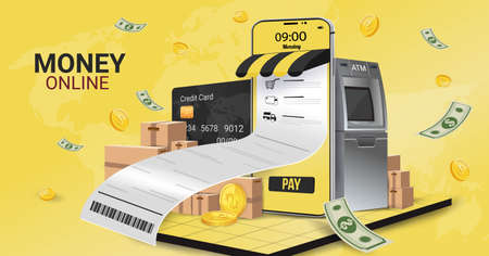 Money online on mobile phone, Capital flow, earning or making money. Financial savings.Money online. Wallet online. Pay online. Financial business. Spending money via mobile phone. Mobile shopping.のイラスト素材