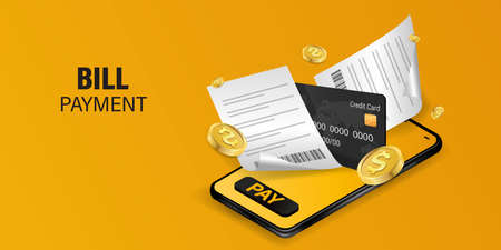Bill of expenses is on mobile phone.Pay bills with mobile phone.Online shopping spending.Online shopping via smartphone.Bill payment flat isometric vector concept of mobile payment, shopping, banking.のイラスト素材